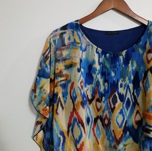 West Kei Blue & Yellow Abstract Flowy Blouse Lg